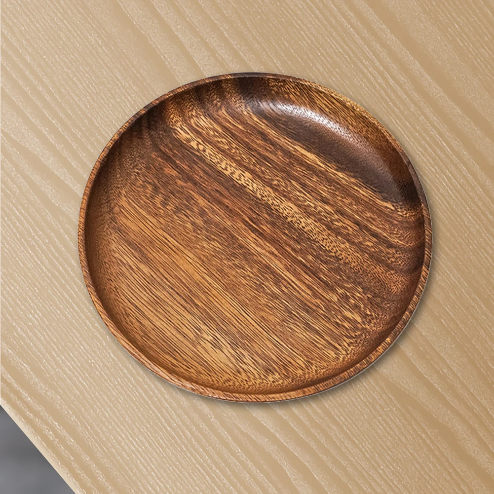 Wood Hand-made Acacia Dinner Plates Unbreakable Round Wood Plates for Fruits Dishes Snacks Dessert Serving Tray Tableware