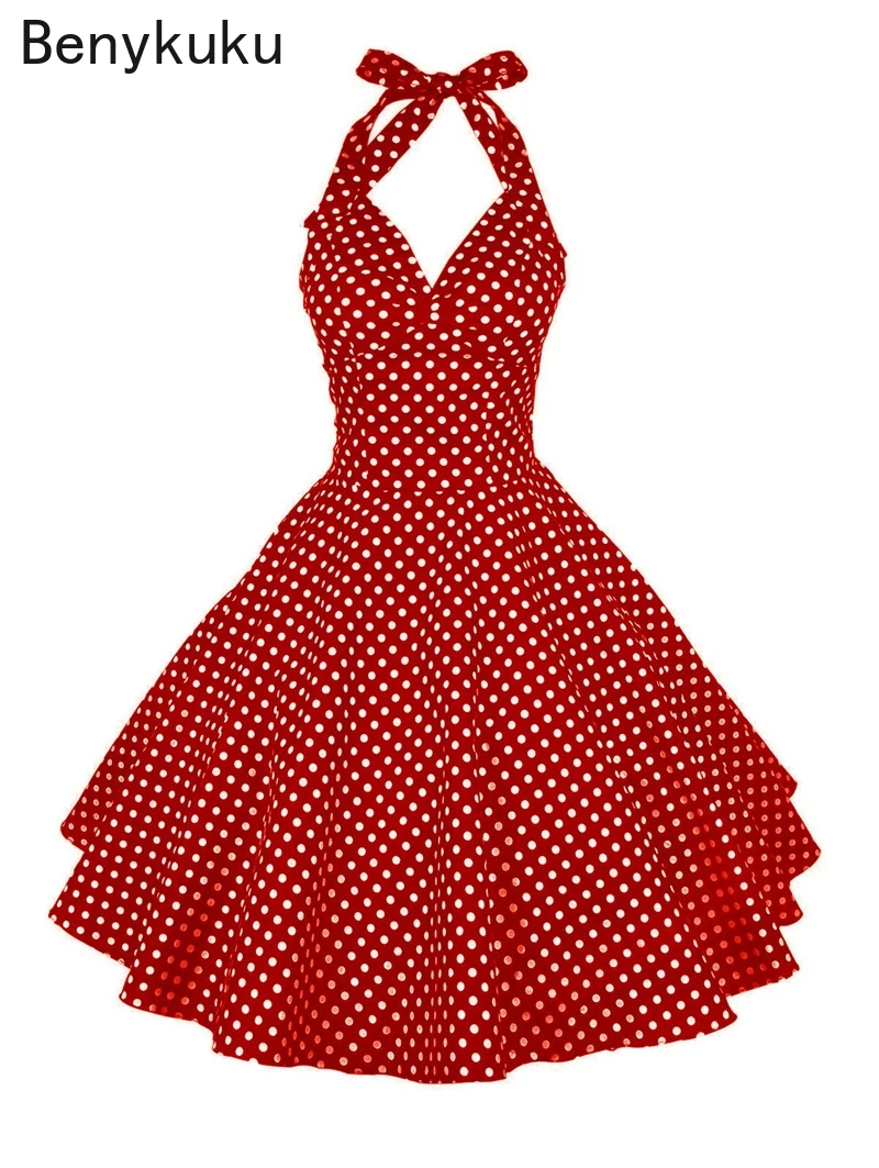 Vestido Retro de verano para mujer, ropa fiesta de estilo Rockabilly de los años 50 y 60, con Halter, espalda descubierta y lunares|Vestidos| -