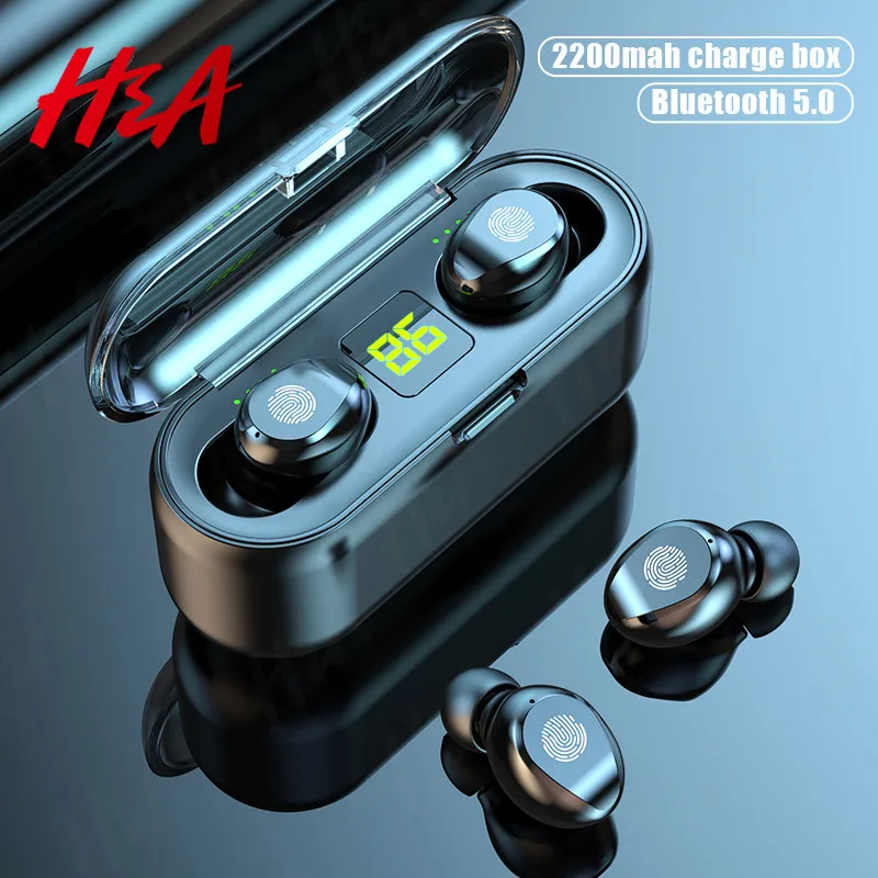 H & наушники вкладыши TWS с 5 0 Bluetooth 2200 мАч зарядным устройством Беспроводной 9D спортивные Водонепроницаемый