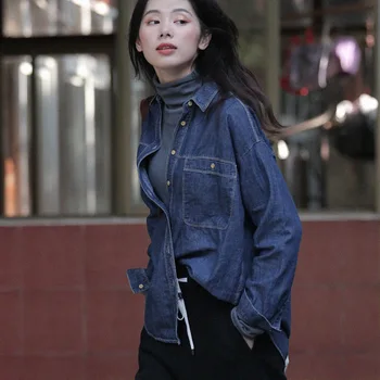 

Gujia 2020 spring new artistic simple cowboy coat Long Sleeve Shirt cotton loose retro versatile coat