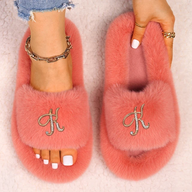 Slippers Women Furry Slides Fashion Rhinestone Letter Fluffy Flip Flops Ladies Winter Slippers Platform Sandals Female Shoes Orange1