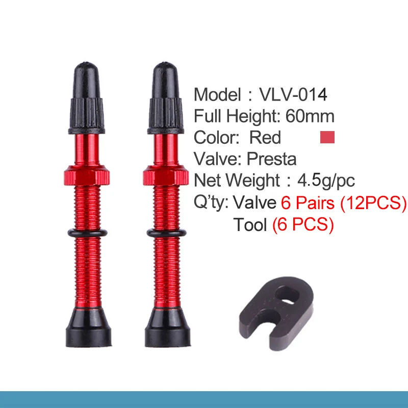 6/12 пар 60 мм высота Tubless Rim клапаны ЧПУ-обработанный анодированный сплав стержень латунный сердечник многоцветные опционы с дополнительным инструментом - Цвет: 60mm Red 6 Pairs