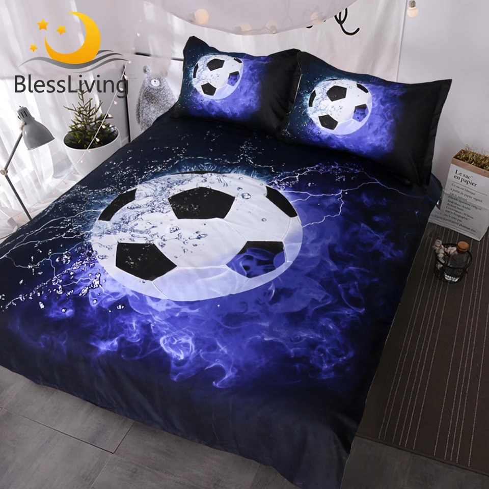 

BlessLiving 3D Soccer Ball Bedding Set Blue Flames Teen Boys Sports Duvet Cover 3 Piece Dark Navy Blue Comforter Cover Set