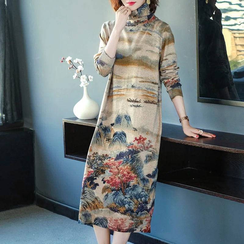 Винтажное кашемировое свободное вязаное платье с принтом и длинным рукавом для женщин, Осень-зима, элегантный свитер, вязанные Базовые платья средней длины для женщин