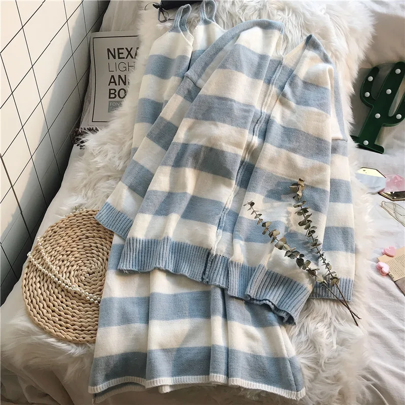 blue Зимние новые стильные женские костюмы из 2 предметов, вязаные Полосатые свитера на молнии, кардиган и юбки длиной до колена, милые комплекты платьев - Цвет: blue