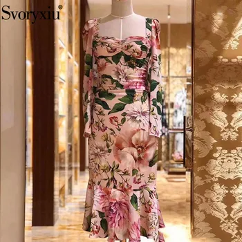 

Svoryxiu 2020 Runway Custom Summer Party Mermaid Dresses Women's Sexy Square Collar Flower Print Ruched Bodycon Charming Dress