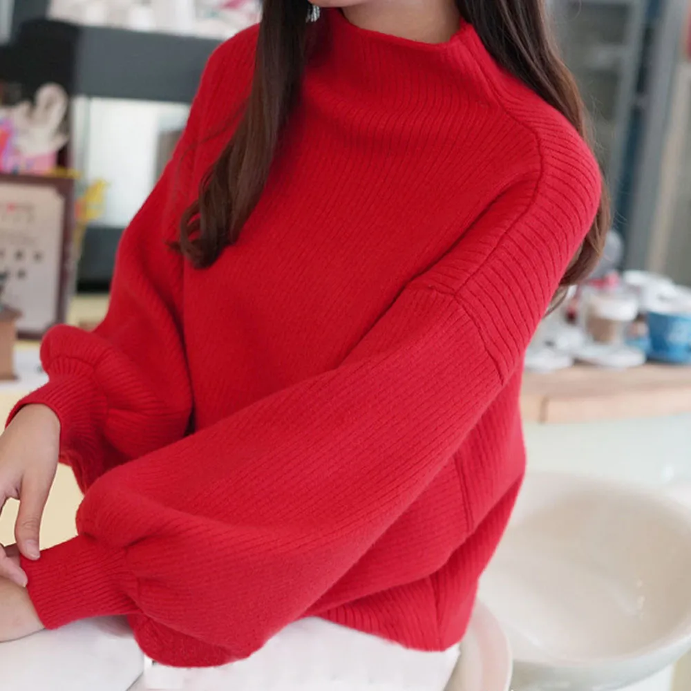 Зимние женские свитера модные красные белые водолазки пуловеры с рукавами в форме фонаря свободные вязаные свитера женские джемперы Топы