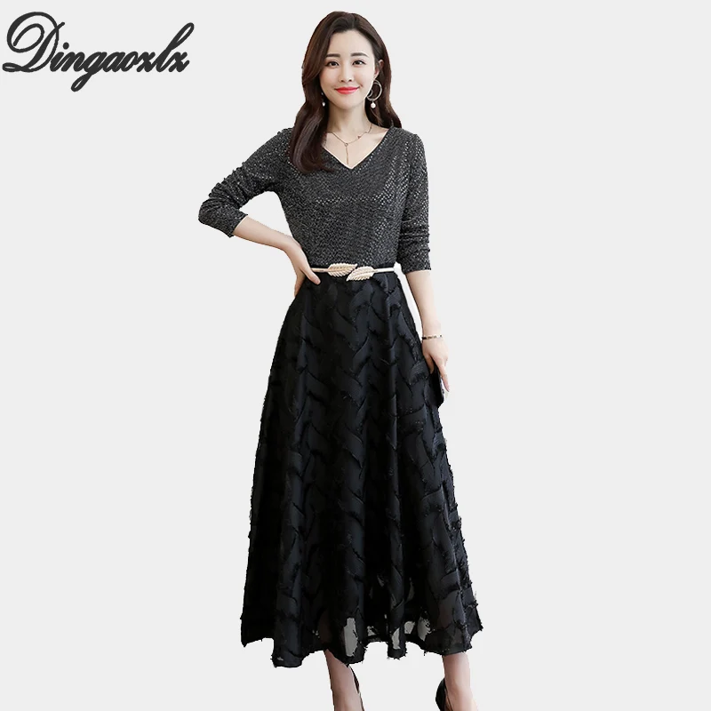 

Dingaozlz M-4XL Autumn Winter Dress New Fashion Long sleeve Patchwork Chiffon dress Plus size Vestidos V neck Casual Women dress