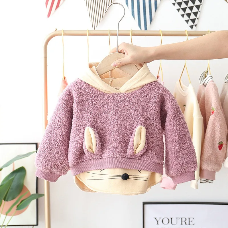 Зимние Детские свитера с длинными рукавами для маленьких мальчиков и девочек; коллекция года; Теплая Бархатная верхняя одежда с капюшоном и рисунком кролика; Свитшот; S10048 - Цвет: Purple