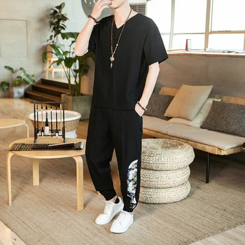 

M-5XL Streetwear Summer Short Sleeve Shirt + Ankle Pants Men 2pc Sets Chinese Style Loose Fit Tracksuit Men Set Hip Hop XXXXXL