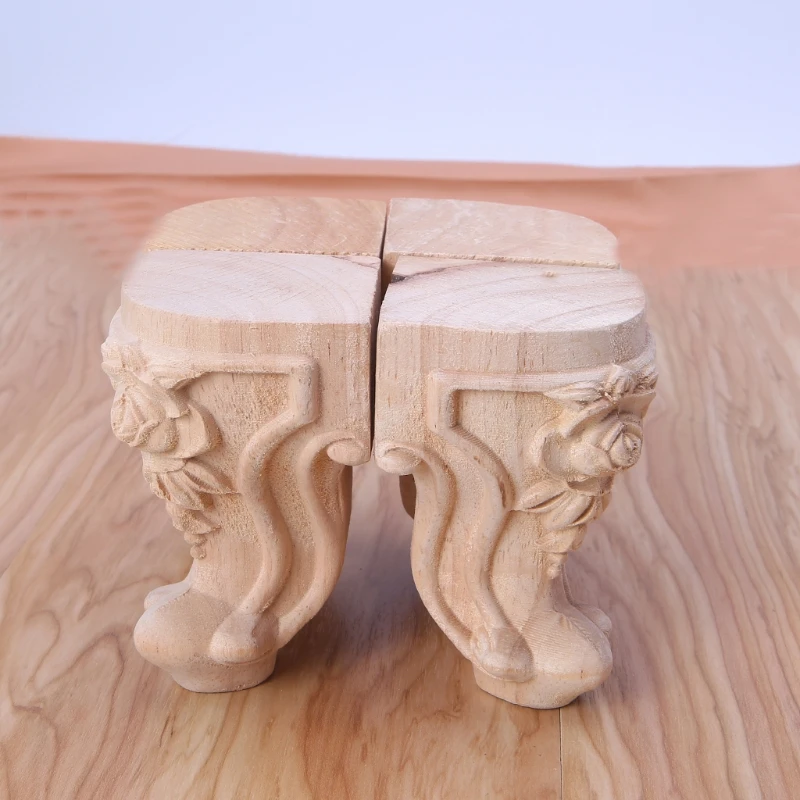 2021 New Wooden Furniture Legs Solid Wood Flower Carved TV Cabinet Seat Feet No Painting