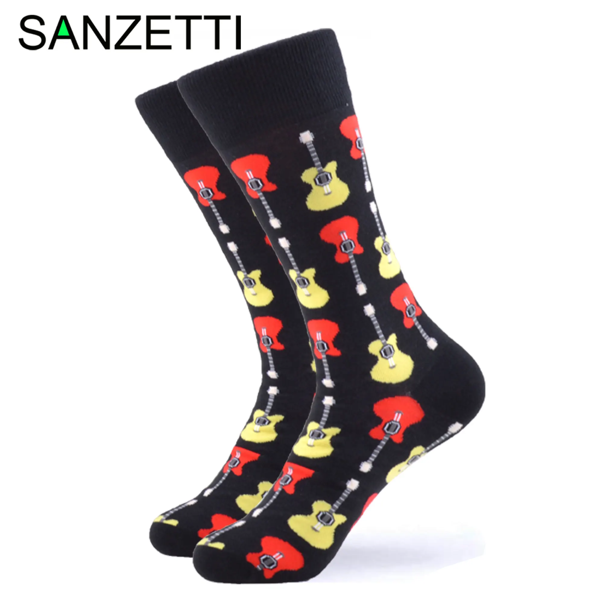

SANZETTI 1 Pair New Style Happy Socks High Quality Men's Colorful Combed Cotton Guitar Pattern Novelty Gift Wedding Dress Socks