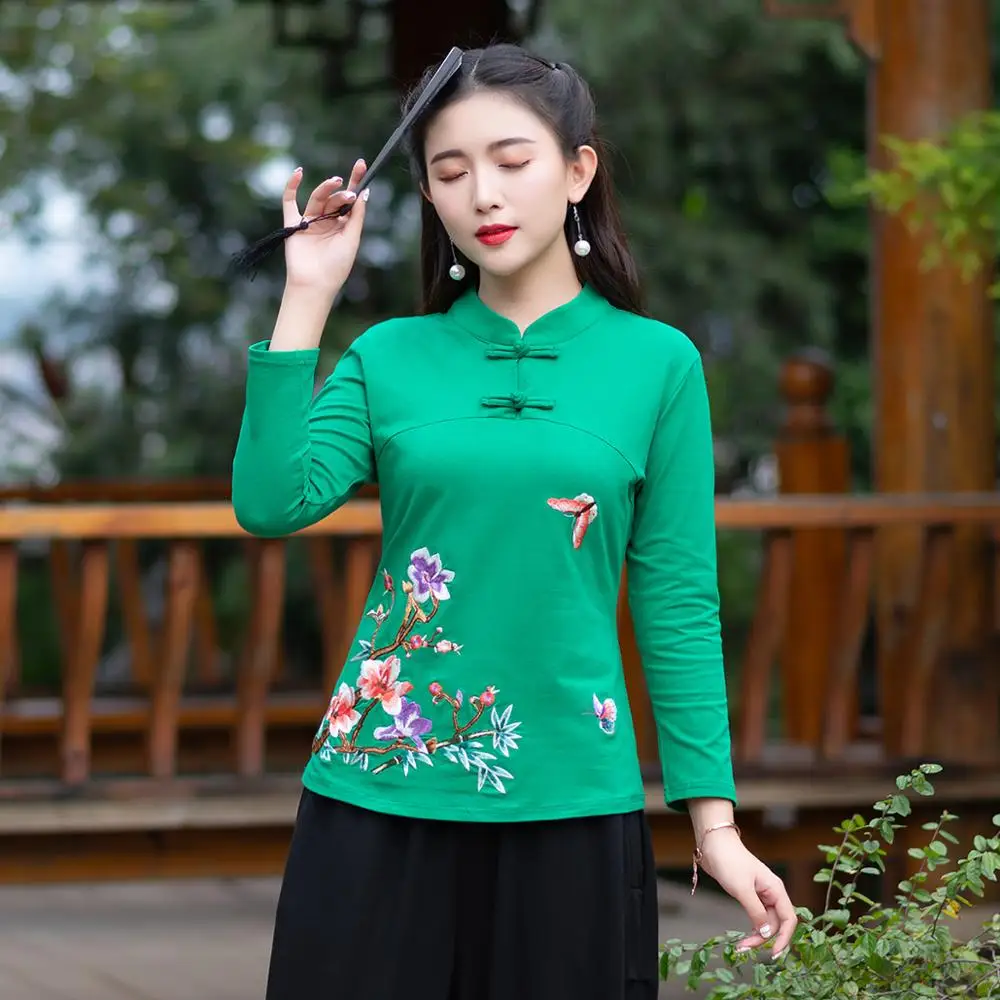 KYQIAO онлайн Китайский магазин blusa feminina традиционная китайская рубашка l XL 2XL 3XL 4XL 5XL 6XL воротник стойка Вышивка Блузка - Цвет: Зеленый