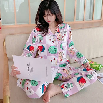 

Korean-style Spring and Autumn Cardigan Lapel Long Sleeve Pajamas Sweet Fresh Casual Women Home Service Two-piece Suit New 2020