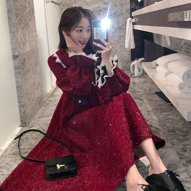 

Long corduroy dress net red was thin doll collar dress 2019 new autumn and winter base skirt Korean sparkling fairy skirt long