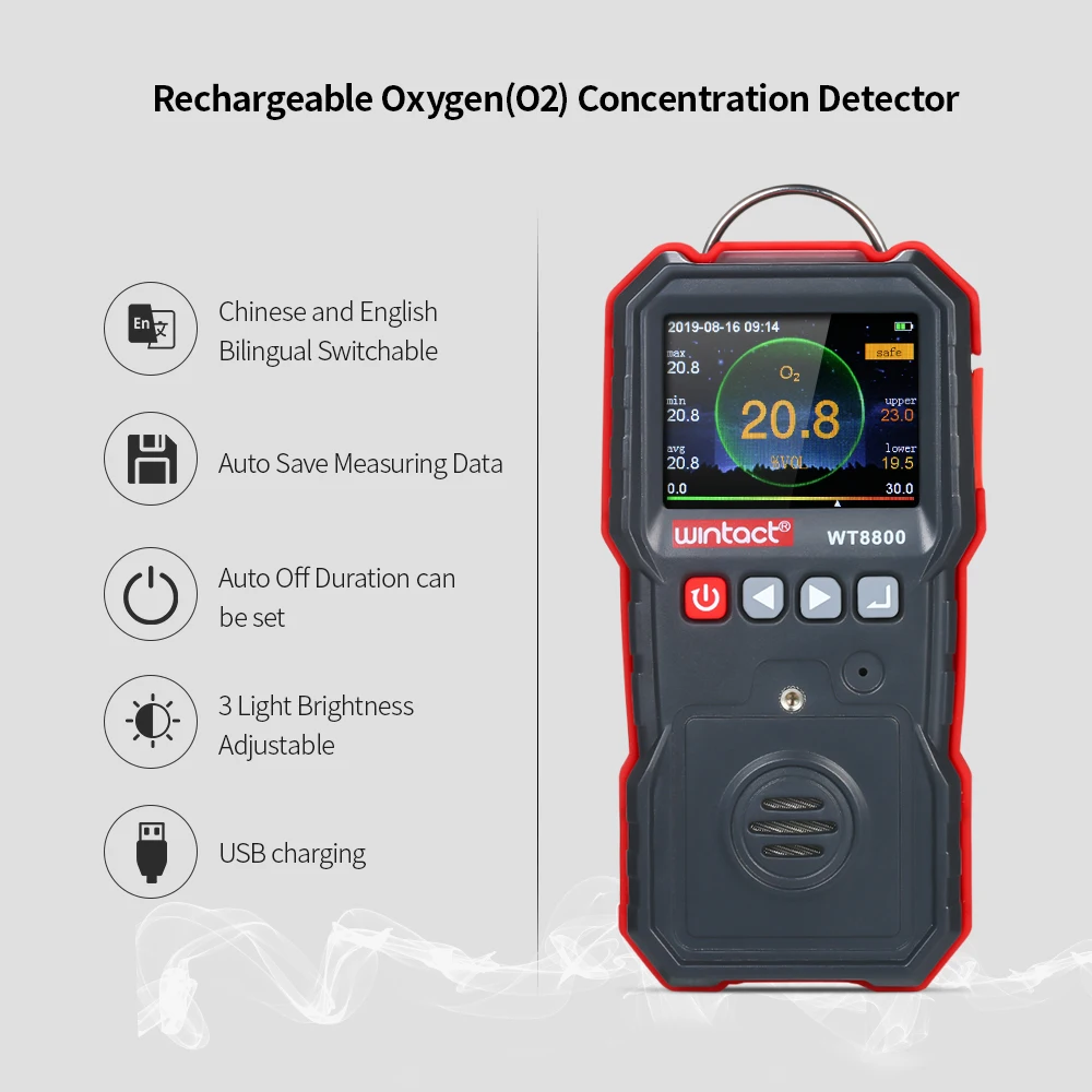 

USB Recharge O2 Gas Detector High Precision Oxygen Concentration Gas Analyzer Oxygen Monitor Color-screen Display 3 Alarm Forms