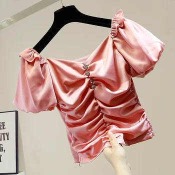 

Sexy Slash Collar Short Bluse for Women New Folds Waist Diamond Buttons Temperament Ladies Shirts Tops Crop Top Slim Blusas