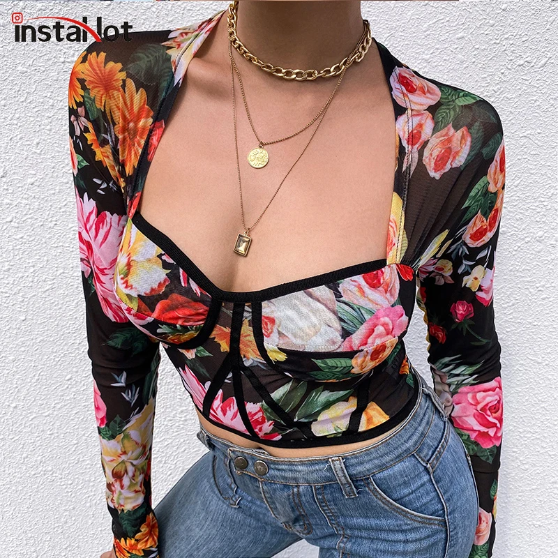 InstaHot, Цветочная сетчатая лодка, сексуальный топ с длинным рукавом, женские вечерние облегающие лоскутные футболки для клуба, Офисная Женская Винтажная Футболка