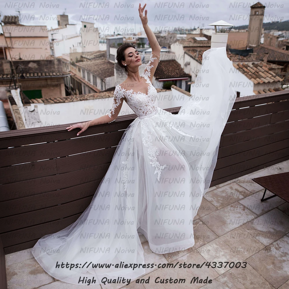 Vestido de noiva 2 em 1 свадебное платье с рукавом три четверти свадебное платье со съемным шлейфом винтажное кружевное 2 в 1 свадебное платье es
