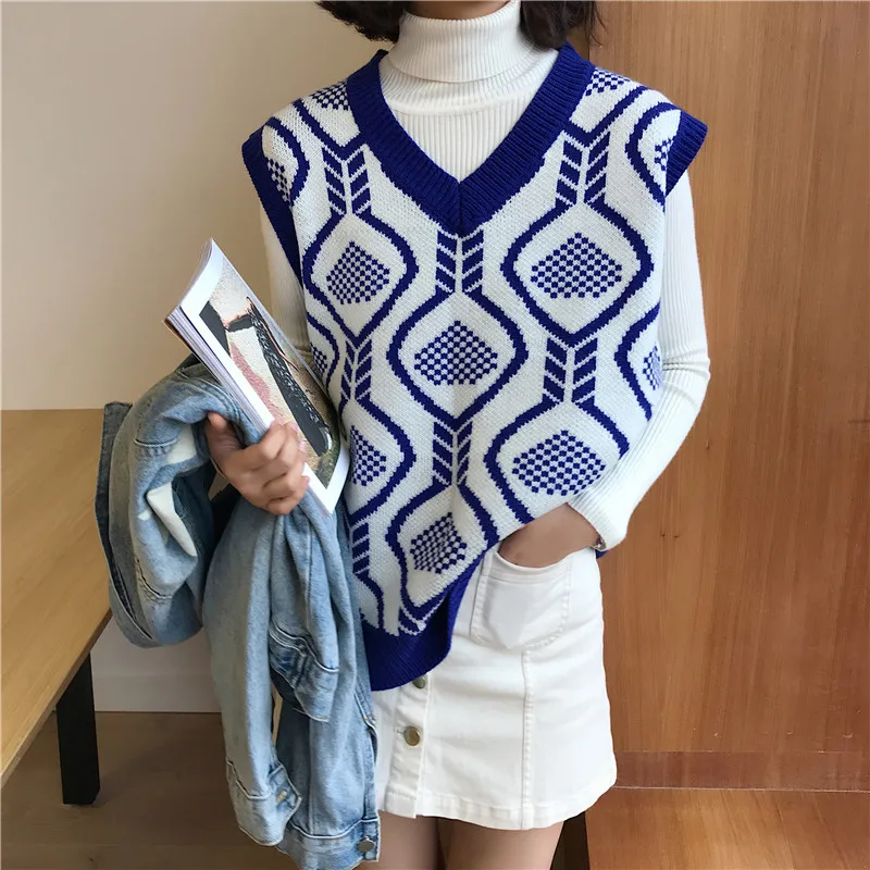 

2019 Women Sweater Vest Preppy Style Sleeveless waistcoat Vest knitted Vest for women Spring Autumn Sleeveless chaleco mujer