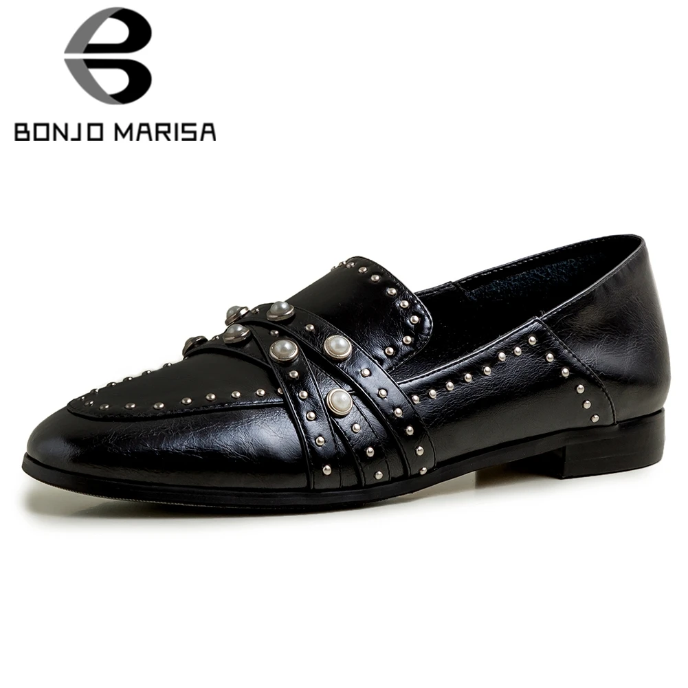 

BONJOMARISA Brand New Ladies Pearl Decorating Pumps Spring Split Leather Low Heels Pumps Women OL Casual Date Shoes Woman