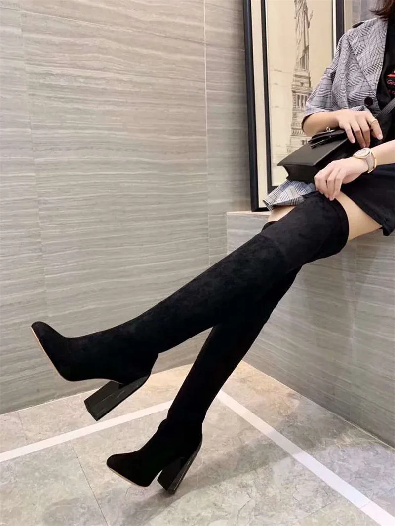 Chaussures femme/женские ботфорты черного цвета из коричневой кожи на массивном каблуке; женские Сапоги выше колена; эластичные длинные облегающие зимние сапоги; - Цвет: as picture