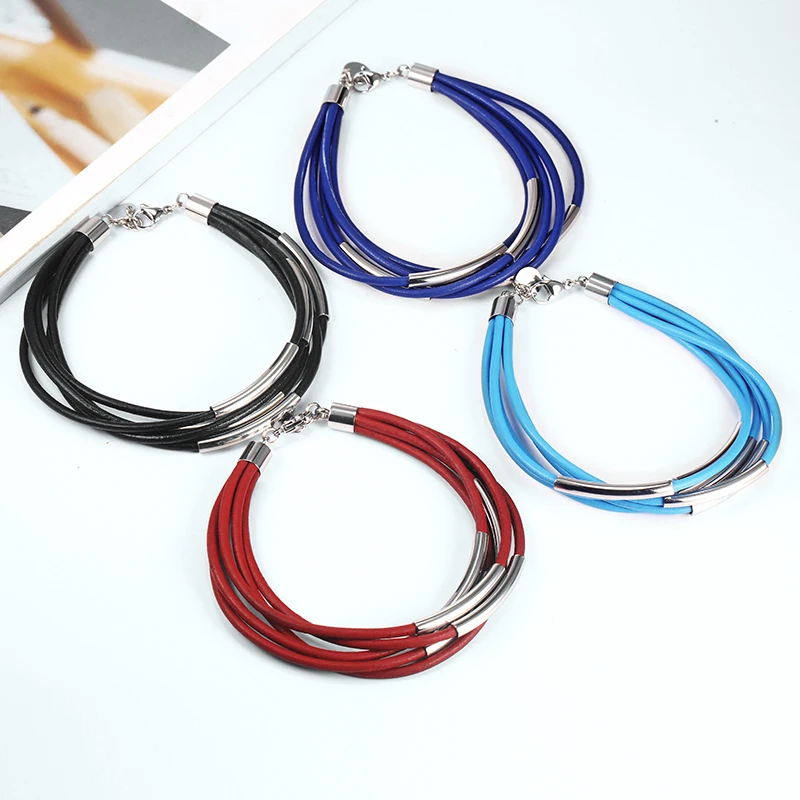 Women's Bracelet Bohemian Multilayer Leather Rope Stainless Steel Chain / Red / Blue / Black / Light Blue / Length Adjustable