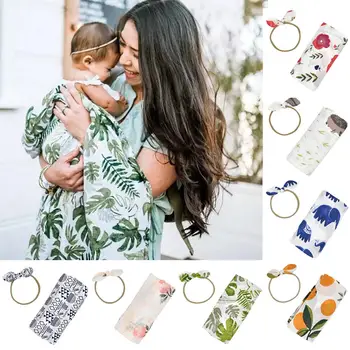 

2Pcs/Set Newborn Baby Swaddle Blanket Headband Floral Print Baby Sleeping Swaddle Blanket Knotted Headband Photograph Props