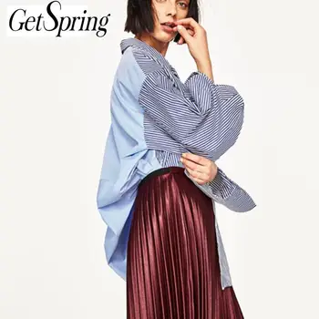 

Getsprign Women Shirt Lantern Sleeve Striped Vintage Asymmetry Woman Blouses Shirts Irregular Casual Womens Tops Blouses 2020