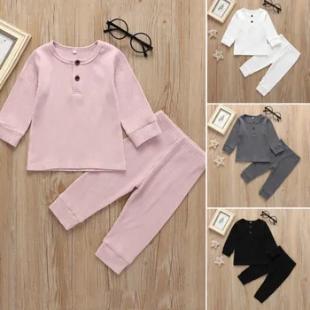 

6M-3T Autumn Toddler Baby Kid Girl Boy Cotton Clothes Set Plain Solid Color Pajamas Set Kids Sleepwear Home Wear Outfits