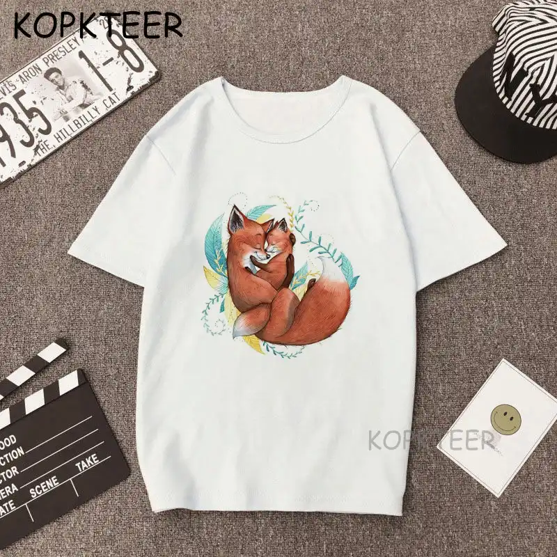 キツネママと赤ちゃんプリントtシャツ女性男性かわいい漫画tシャツファッショングラフィックグランジtシャツファムtシャツおかしい服 T Shirts Aliexpress