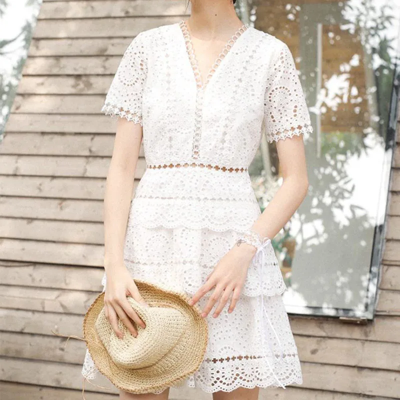 Short sleeve EDGLuLu белые кружевные платья Высокое качество макси платье осенняя одежда для женщин с длинным рукавом v-образным вырезом бальное платье винтажное вечернее платье - Цвет: Short sleeve