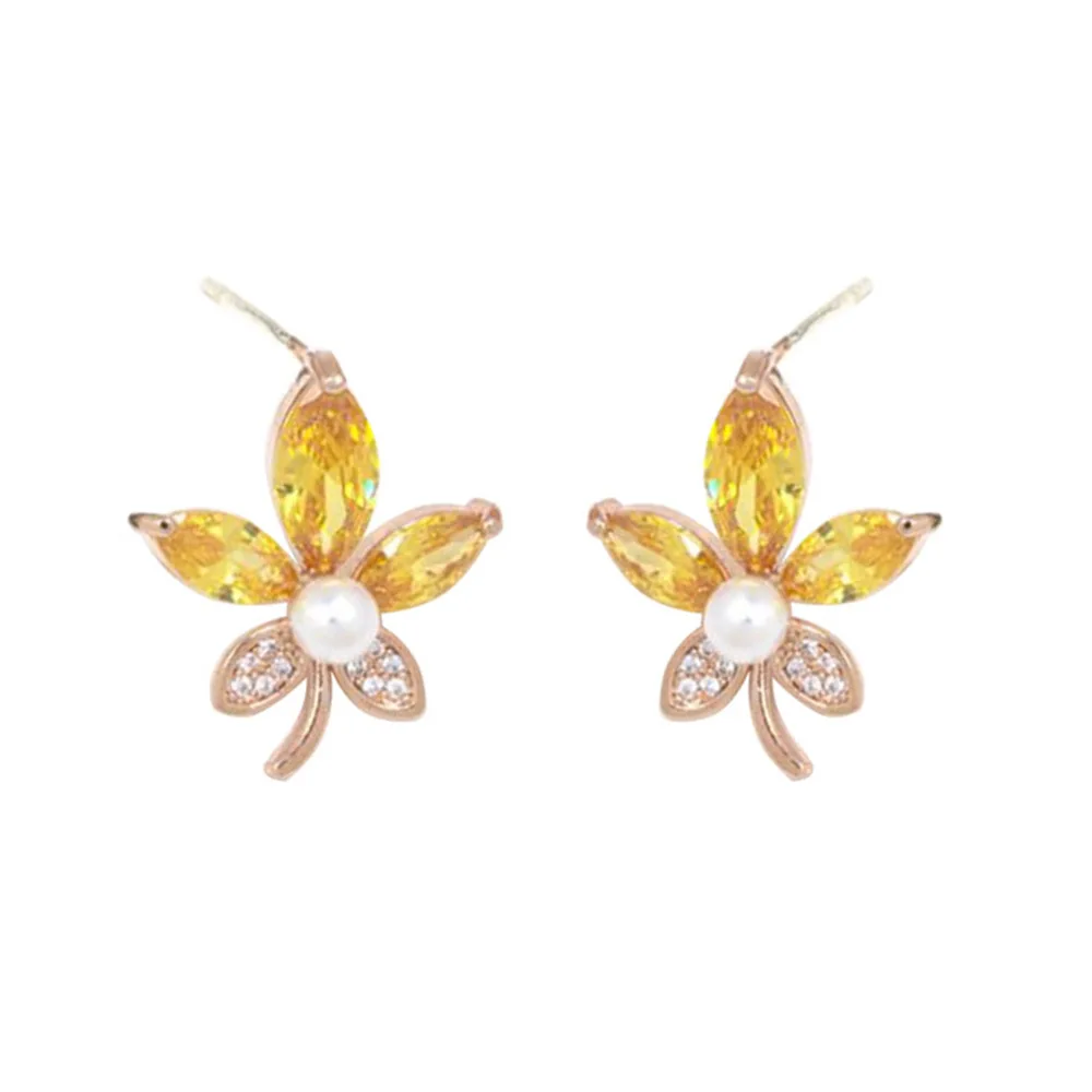 S925 Stud Earrings Бренд Grace Jun золотого цвета AAA кубический циркон кленовый лист клип серьги и пирсинг серьги для женщин элегантные легкие серьги Новинка - Окраска металла: S925 Stud Earrings