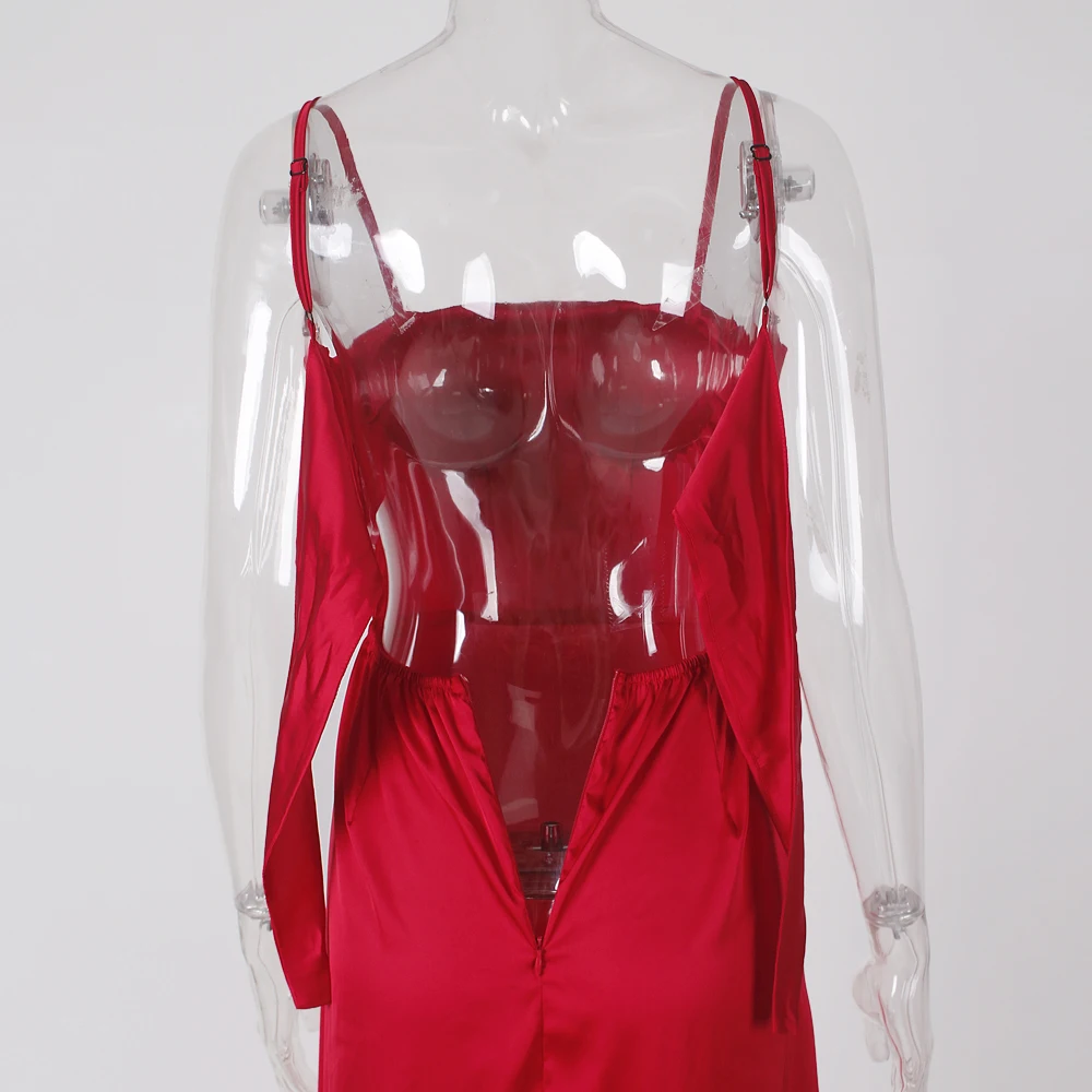 Backless Satin Lange Satin Kleid BOGEN straps Lace Up Sommer Sexy Kleid Doppel Schlitze Grün Rot Robe – Detail 17