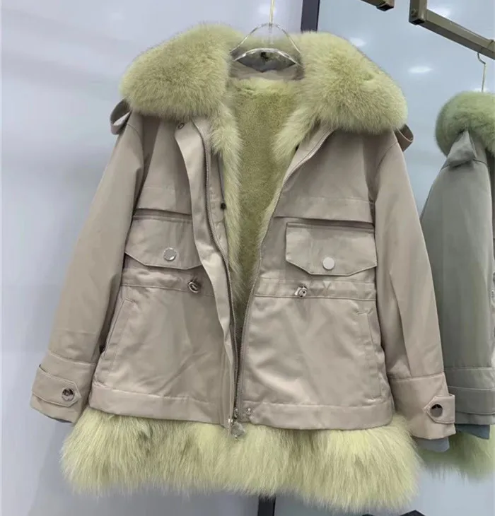 Женские Новые парки шуба из натурального Лисьего меха теплая Толстая съемная меховая подкладка из натурального меха лисы женская зимняя куртка