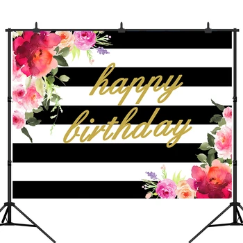 

Happy Birthday Party Backdrop Black White Stripe Photography Background Custom Name Banner Photo Backdrops Studio Prop