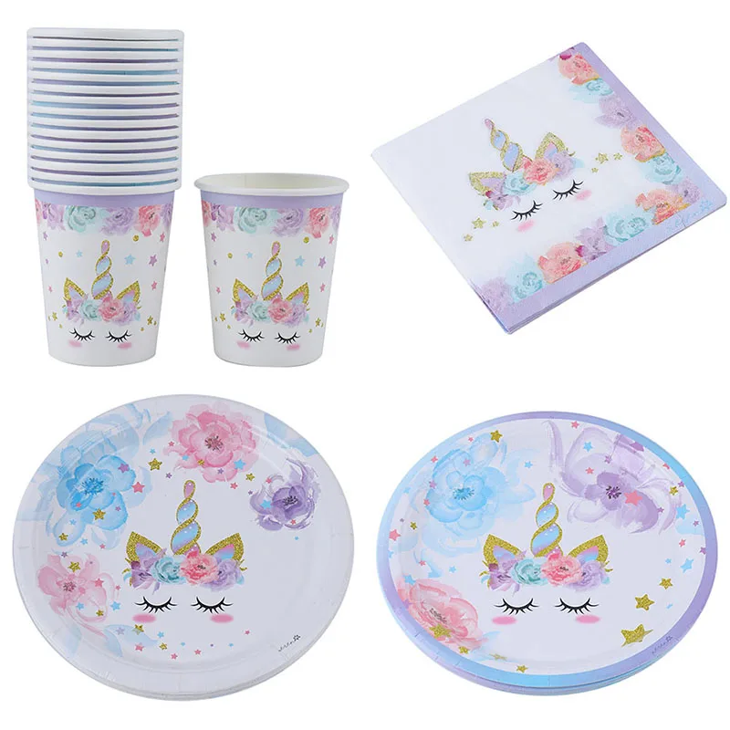 

16pcs/set Cartoon Unicorn Theme Paper Plates/Cups/Napkins /plates Kids Birthday Party Tableware Set Baby Shower Decor Supplies