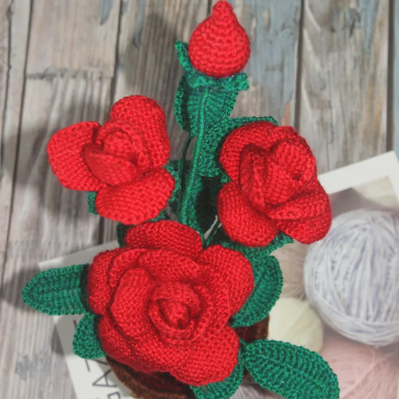Вязание Wool Yarn Hand Knitted Pot Flower Artificial Flower Rose Valentine's Day Gift For Lovers Christmas Home Desk Decoration