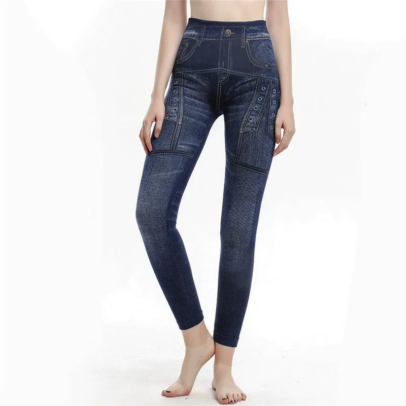 dark blue GAOKE, женские леггинсы, джинсы из искусственного денима, модные обтягивающие леггинсы, сексуальные, длинные, с карманами, с принтом, Осенние леггинсы, повседневные Леггинсы - Цвет: dark blue