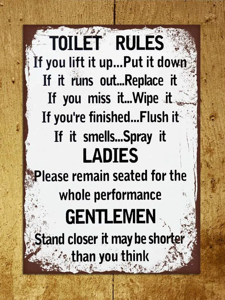 Bathroom Rules Funny Tin Sign 8"x12" Wall Plaque Metal Decor Restroom Toilets 