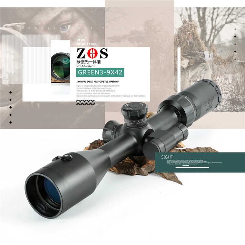 

ZOS 3-9X42 EG Hunting Airsofts Riflescope Tactical Air Gun Green Dot Laser Sight Scope Holographic Optics Rifle Scope o