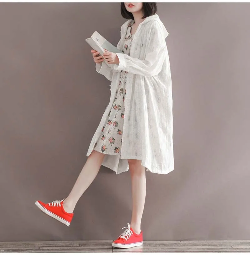 Blouses Hooded Shirt MID-Long Tops For Women White Cotton 3/4 Sleeve Loose Shirts Summer Sun-Protection