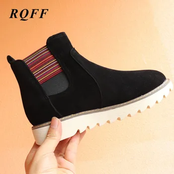 

2019 Winter New Ankle Boots Women Plus Size 43 Fashion Med Flat Heels Shoes Woman Round Toe Platform Mixed-color Elastic Band