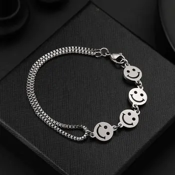 

Trendy Smiley Charm Bracelets For Women Punk Box Chain Stainless Steel Couple Luxury Bracelet Friends Jewelry