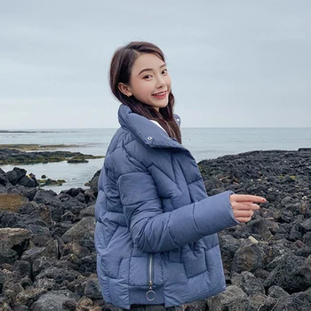 

Women Winter Jacket Standing Collar Loose Short Down Cotton Coat Wild Zipper Ultralight Outwear ZF9494