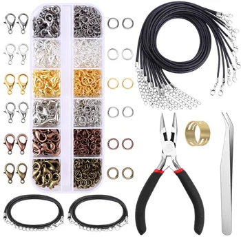 

1050 Pcs Jewelry Jump Rings Lobster Clasps Necklace Repair Kit with Jewelry Pliers Brass Jump Ring Opener Black Waxed Necklace C