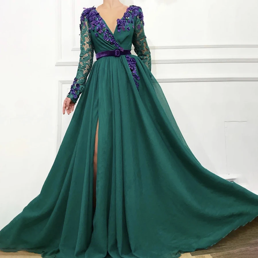 PROD 1005001758392825 V-neck Handmade Purple Flowers Prom Dress Long
Sleeves Front Slit Sexy Evening Dress with Belt vestidos de noivas