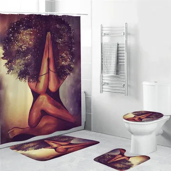 

African Sexy Curls Woman Pattern Waterproof Shower Curtain Bathroom with Hook Anti-slip Mat Toilet Mat Set