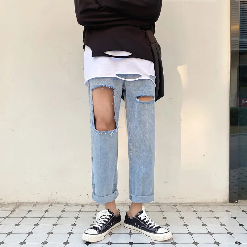

Summer Jeans Men's Fashion Washed Solid Color Casual Ripped Jean Pants Men Streetwear Loose Straight Hip Hop Denim Trousers Mens