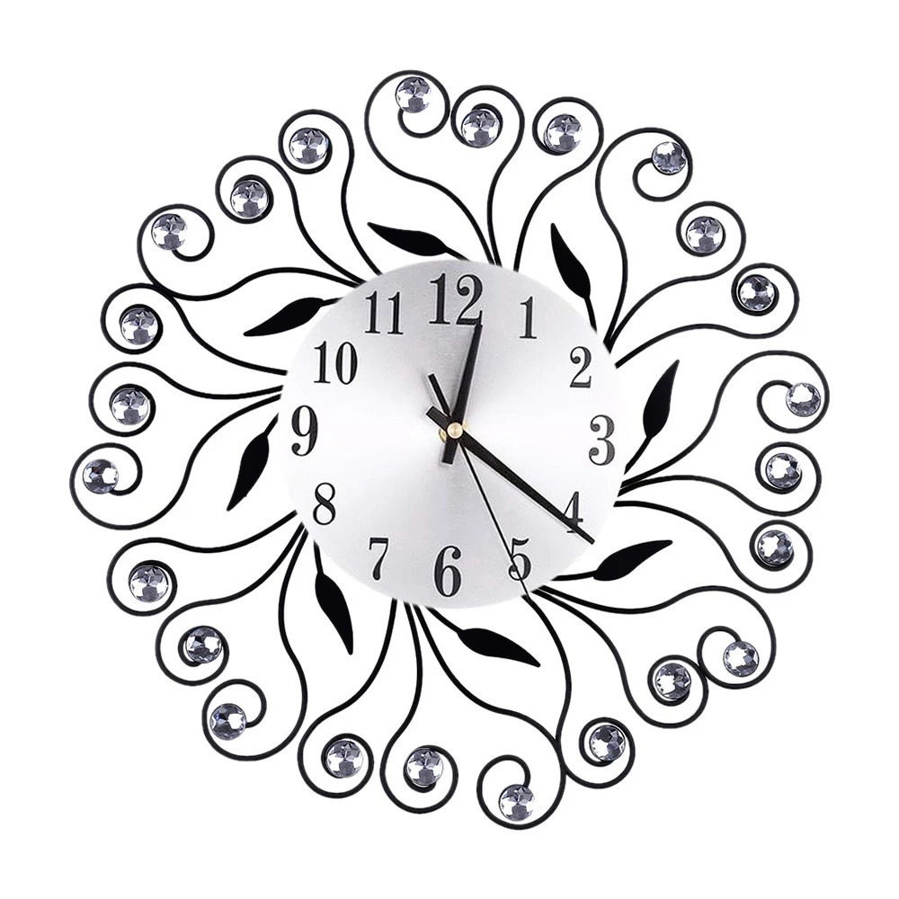 European Retro Wrought Iron Silent Wall Clock Creative Decorative Clock Flower Inlaid Diamond British Wall Clock Home Decor - Цвет: Черный